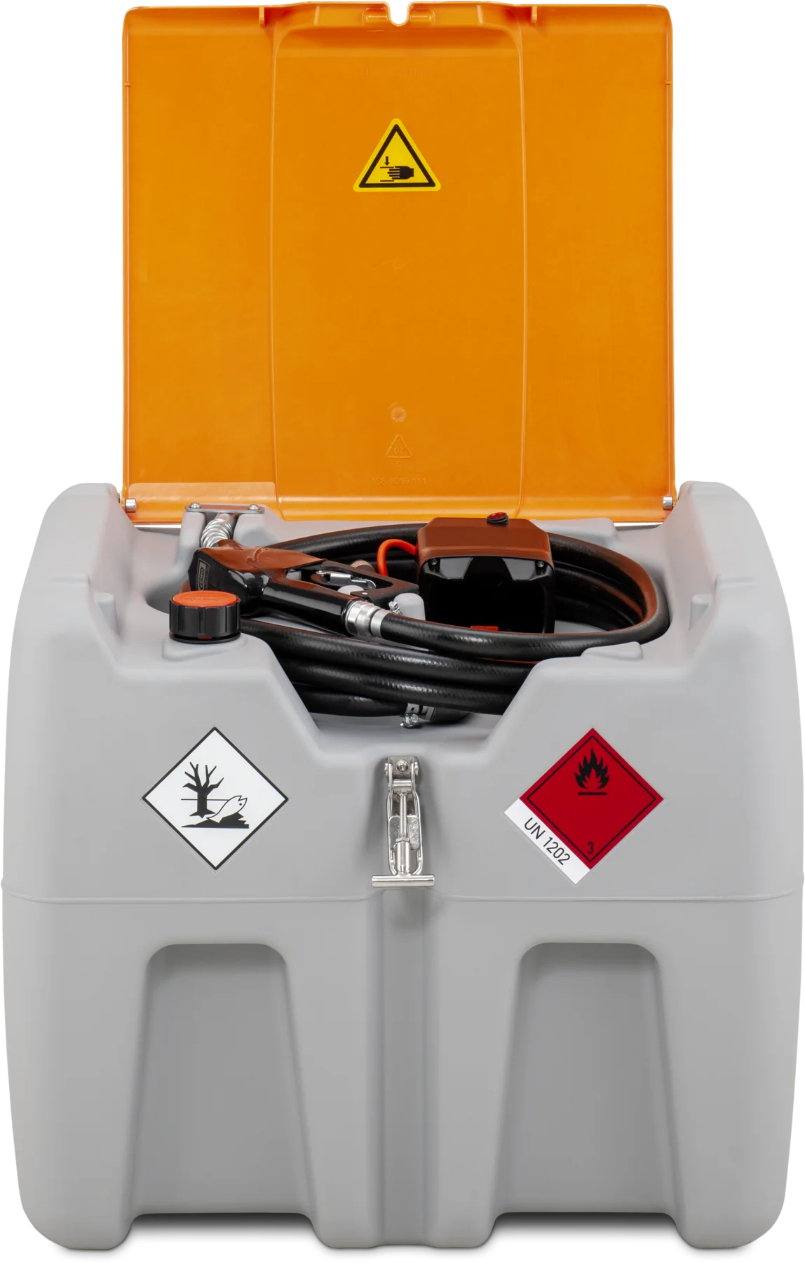 DT-Mobil Easy according to ADR 1.1.3. 1 c), with electrical pump and A, 210 L, Automatic dispensing nozzle diesel, Battery Stihl AP, 30 L/min (max.), with lid, orange
